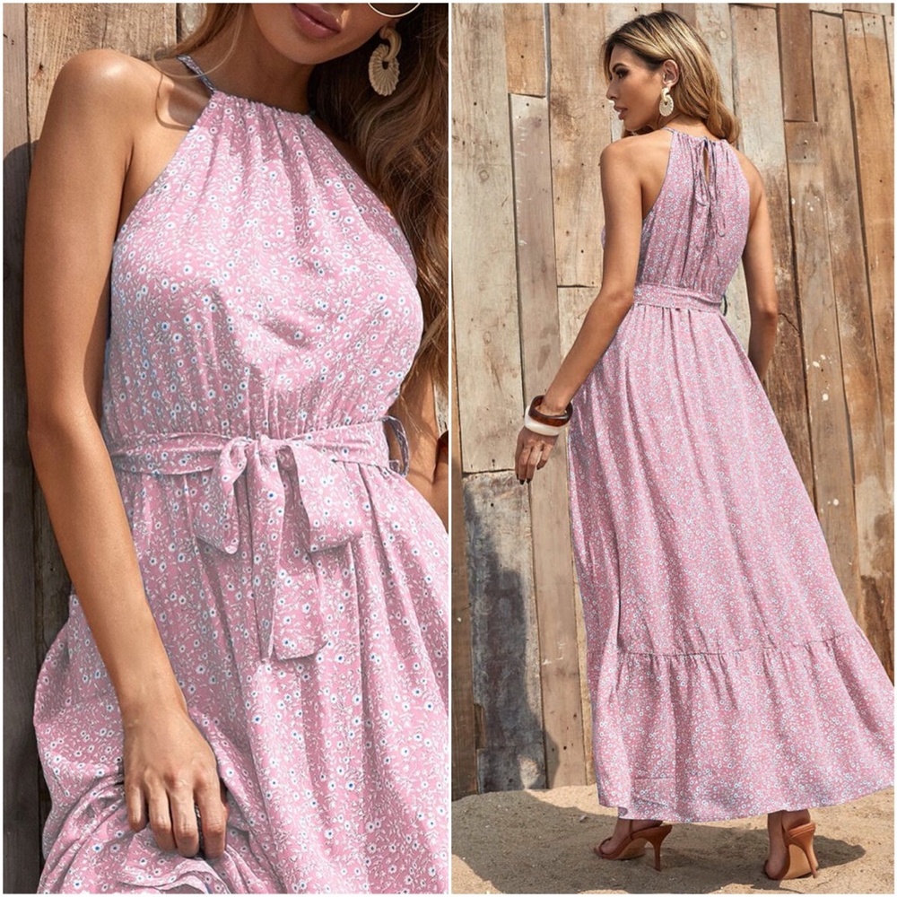 Boho Red Floral Print Ruffle Halter Maxi Dress - Picture 6 of 7